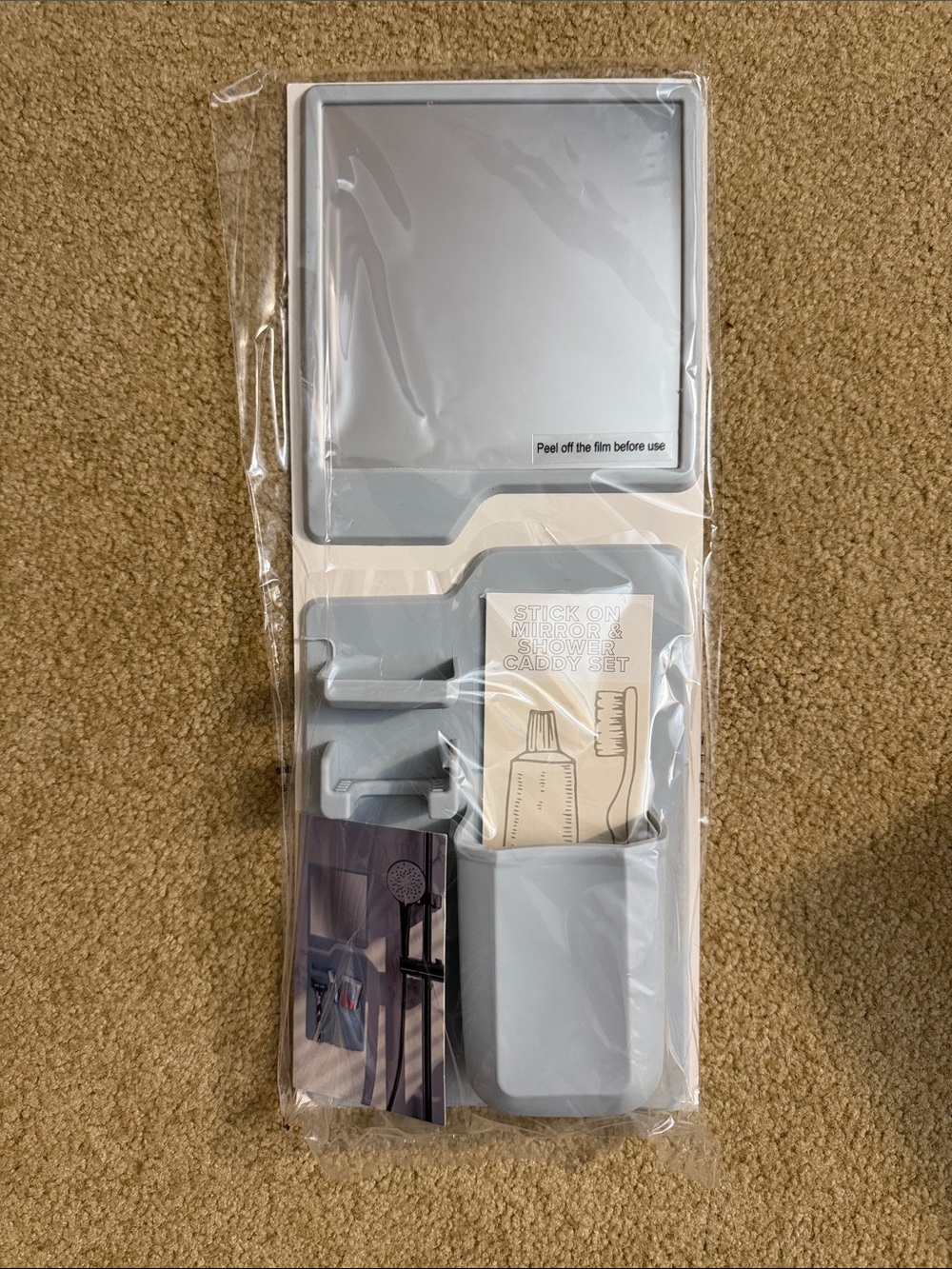 Stick-On Accessory Caddy with Mirror in Light blue grey
